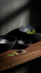 A dark and moody still life of bowls on a wooden surface with leaves and powder