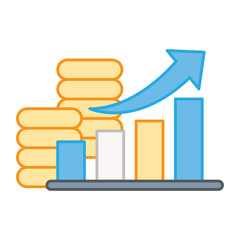 A bar graph showing steady growth positioned behind stacks of gold coins