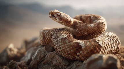 A coiled rattlesnake perched on a rocky surface, its gaze intense and focused. The snake's intricate scales and patterns are on display