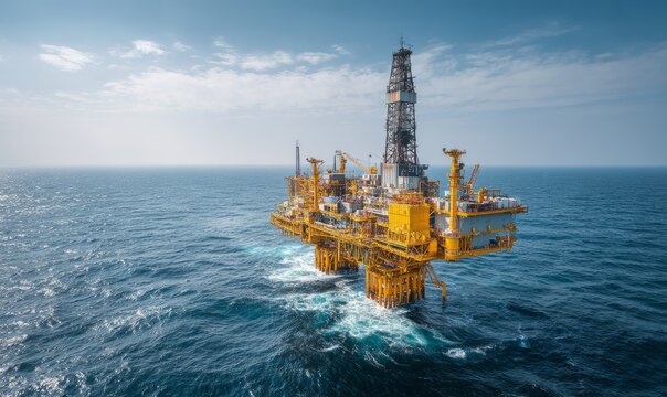 Aerial View of Offshore Oil Rig in Ocean During Daylight with Clear Sky