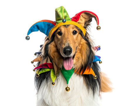 A fluffy, long-haired dog, resembling a Collie, is adorned with a multicolored jester's hat, smiling. Its tongue hangs out