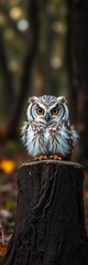 Baby owl perched on a tree stump, wide-eyed and curious in a forest setting,  forest,  young