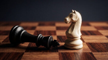 Strategic chess concept showing white knight standing victorious beside fallen black king on wooden chessboard, symbolizing leadership, victory, intelligence, competition, and business success strateg