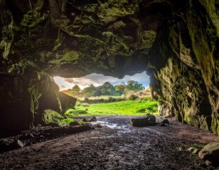 Obraz premium Inside view of a cavern looking onto a sunny, grassy field