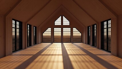 Large empty room with wooden floor and many windows letting in natural light with large