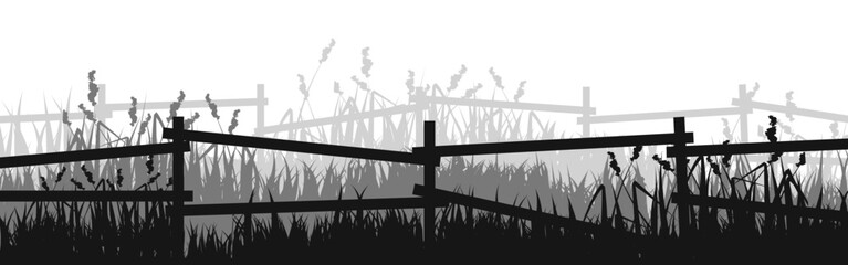 Fototapeta premium Meadow silhouettes with grass and old wooden fence. Countryside, panoramic summer lawn rural landscape with herbs, weeds. Herbal border, frame element. Black horizontal banners. Vector illustration