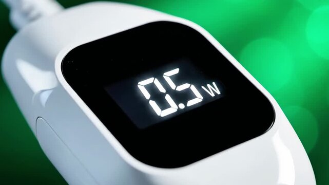 A close-up of a white device with a digital display showing 16.5W on a green background