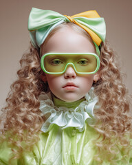 A young girl with curly hair wears a large bow and oversized green glasses. She poses confidently in a vibrant green outfit, showcasing a fun, playful style in a simple studio setting.
