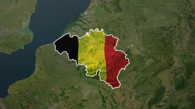 Belgium's flag Animation superimposed on a satellite view of the country and surrounding areas