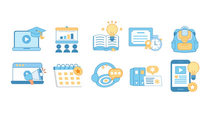 Collection of modern line icons related to training courses learning programs skill development education and professional growth