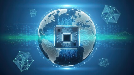 Futuristic glowing earth globe with central processor chip and floating geometric cubes in digital space