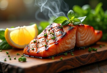 Grilled Salmon Fillet on Cedar Plank with Zesty Lemon Wedge Serving Suggestion Nature Inspired Seafood Presentation