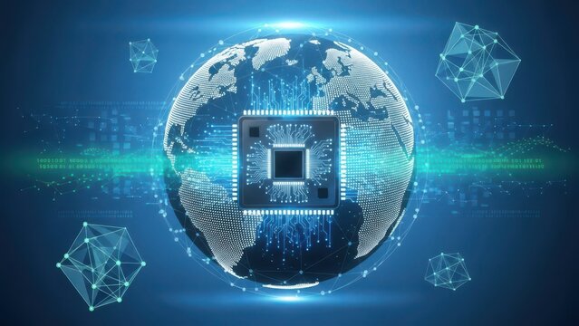 Futuristic glowing earth globe with central processor chip and floating geometric cubes in digital space - Powered by Adobe