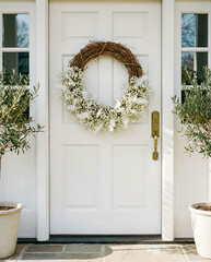 White painted door with spring wreath made from twigs, delicate white flowers, and soft feathers. Easter decor for home entrance.