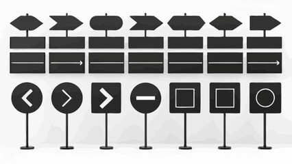 Various road signs on poles with arrows and symbols