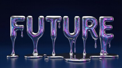 Liquid chrome text spelling Future. Abstract melting metallic letters forming a word on a blue background. Visual concept for future technology