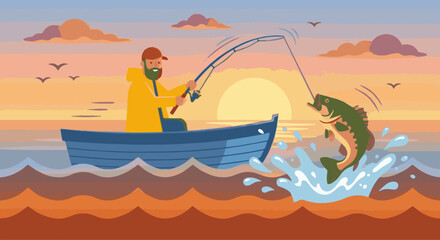 Obraz premium Fisherman Catching Fish A flat vector illustration of a fisherman pulling a fish out of the water with a fishing rod. Fish splashes water. Flat vector design with dynamic action.