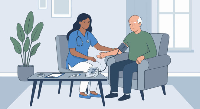 Caretaker Monitoring Health
A flat vector illustration of a caretaker checking an elderly person&rsquo;s health using simple devices such as blood pressure monitor. Flat vector style, professional caregivin