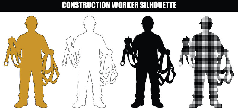 Fall Protection Safety Silhouette Collection Showing Worker with Climbing Harnesses and Equipment