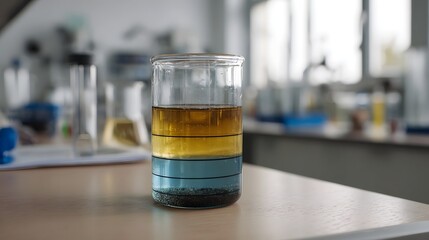 Layered liquids and solid sediment in a science laboratory beaker