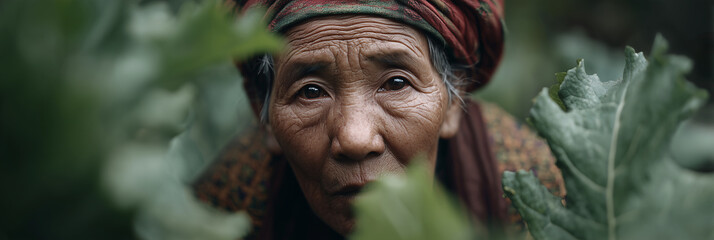 An elderly woman sits among vibrant green vegetables in a rural garden. Her calm expression shows years of wisdom and connection to the land, while the rich foliage frames her face beautifully.