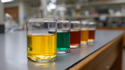 Colorful solutions in laboratory beakers arranged on a clean scientific bench
