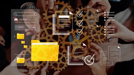 Collaborative teamwork concept showcasing hands joining gears with digital file icons, folders, checklists, and documents on a modern work background Gluon. - Powered by Adobe
