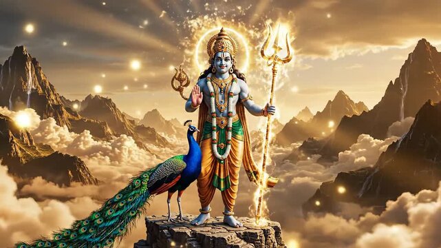 Divine lord murugan holding the sacred vel stands with his peacock on a mountain peak, illuminated by majestic golden light.