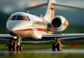 Sleek white and red jet airplane with modern design, showcasing its powerful engine and elegant lines, ready for takeoff