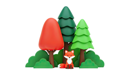 Cute 3D Fox Sitting in a Stylized Forest