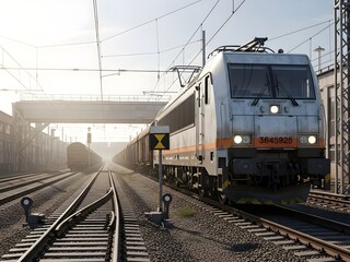 Fototapeta premium Freight Train Transport: Powerful Electric Locomotive Pulling Cargo, Railway Tracks, Industrial Scene, Golden Hour Lighting, 4K