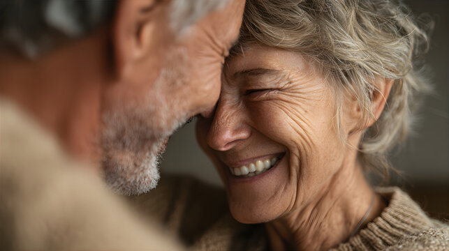 Mature woman and man smiling, touching foreheads in affectionate gesture. Romantic elderly couple expressing love and connection for Valentines Day.