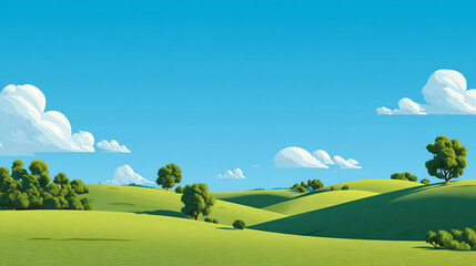 Vibrant green hills under a clear blue sky, showcasing nature's beauty and tranquility in a peaceful rural setting.