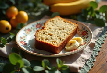 Rustic Banana Loaf Slice on Vintage Floral Plate with Whimsical Style and Lush Background
