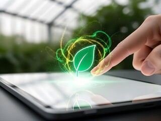 Green Energy Technology: Hand Touching Digital Leaf on Tablet, Sustainable Future, Bright Glowing Effect