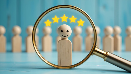 Top talent recruitment and customer satisfaction feedback concept with five star rating under magnifying glass for corporate human resources service banner