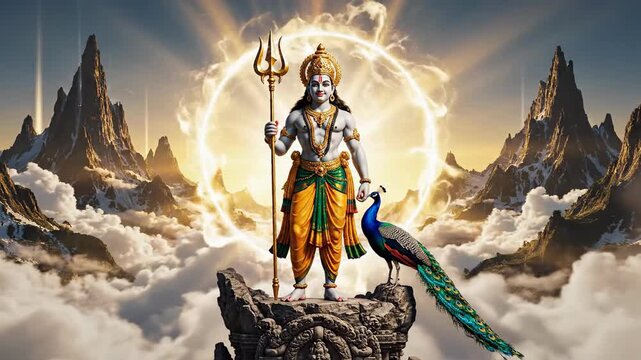 Epic digital illustration of lord murugan holding the vel, bathed in golden light above the clouds, symbolizing thaipusam.