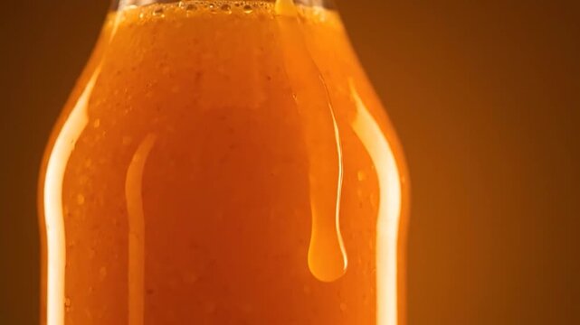 A surreal scene absurdly filled with silliness as a bottle of orange juice is showcased in a generated video 5f7b66ed