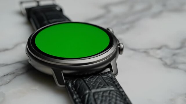 Modern Smartwatch with Green Screen on Marble with Tech Elegance.