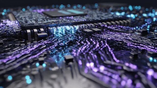 Closeup of a glowing circuit board