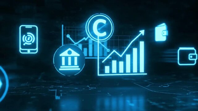Digital finance icons glowing on dark background with smartphone