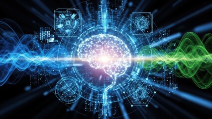 Futuristic glowing energy sphere with colorful sound waves and digital quantum connections