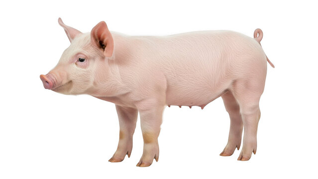 A young, pink piglet standing side profile view, looking left, isolated on transparent background