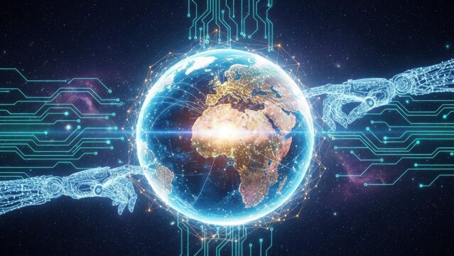 Futuristic Digital Earth Globe with Glowing Blue Circuits and Energy Data Streams – Global AI Network Technology Background - Powered by Adobe