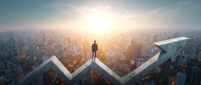 A confident businessman standing above a city skyline symbolizing growth, success, leadership, ambition
