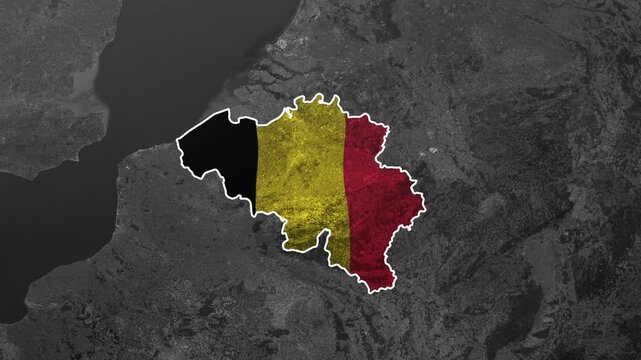 Belgium's national flag overlaying a grayscale map of the country's geographical borders