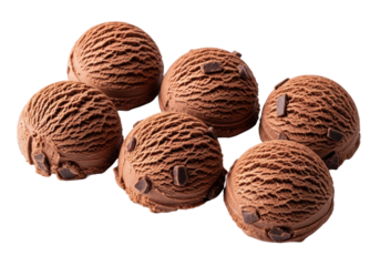 Six distinct, dark brown chocolate ice cream scoops with visible textures, ripples, and chocolate pieces, on a seamless transparent background, copy space. Concept for dessert advertising