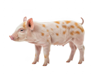 A small pink piglet with orange spots stands in profile, isolated on transparent background.