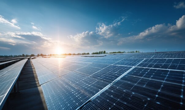 Expansive Solar Power Array Under Bright Sky at Sunrise