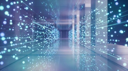 Futuristic digital corridor with glowing blue particles and sleek architecture